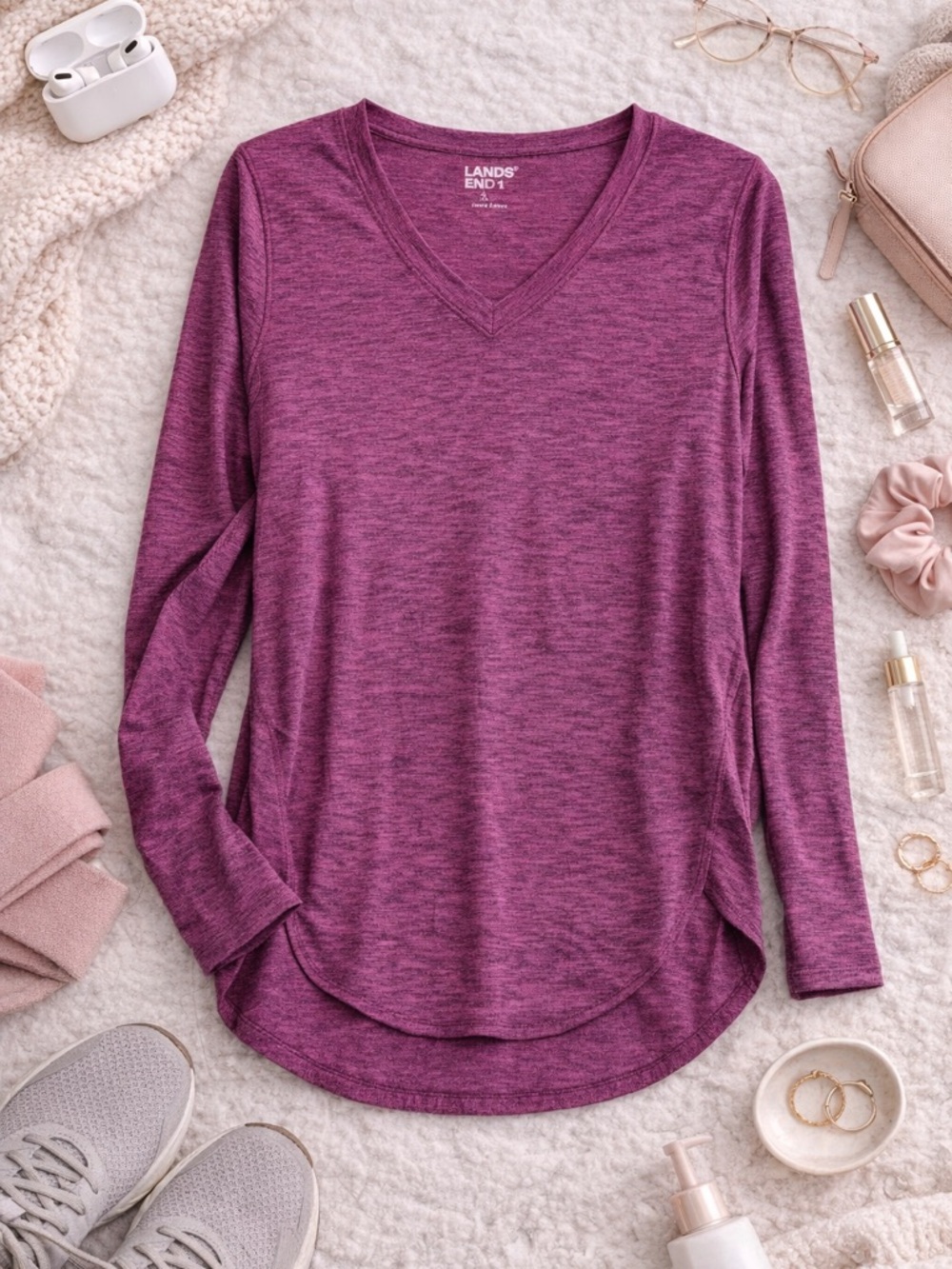 Lands’ End UPF 50+ V-Neck Performance Top Pink Long Sleeve Size M 10-12